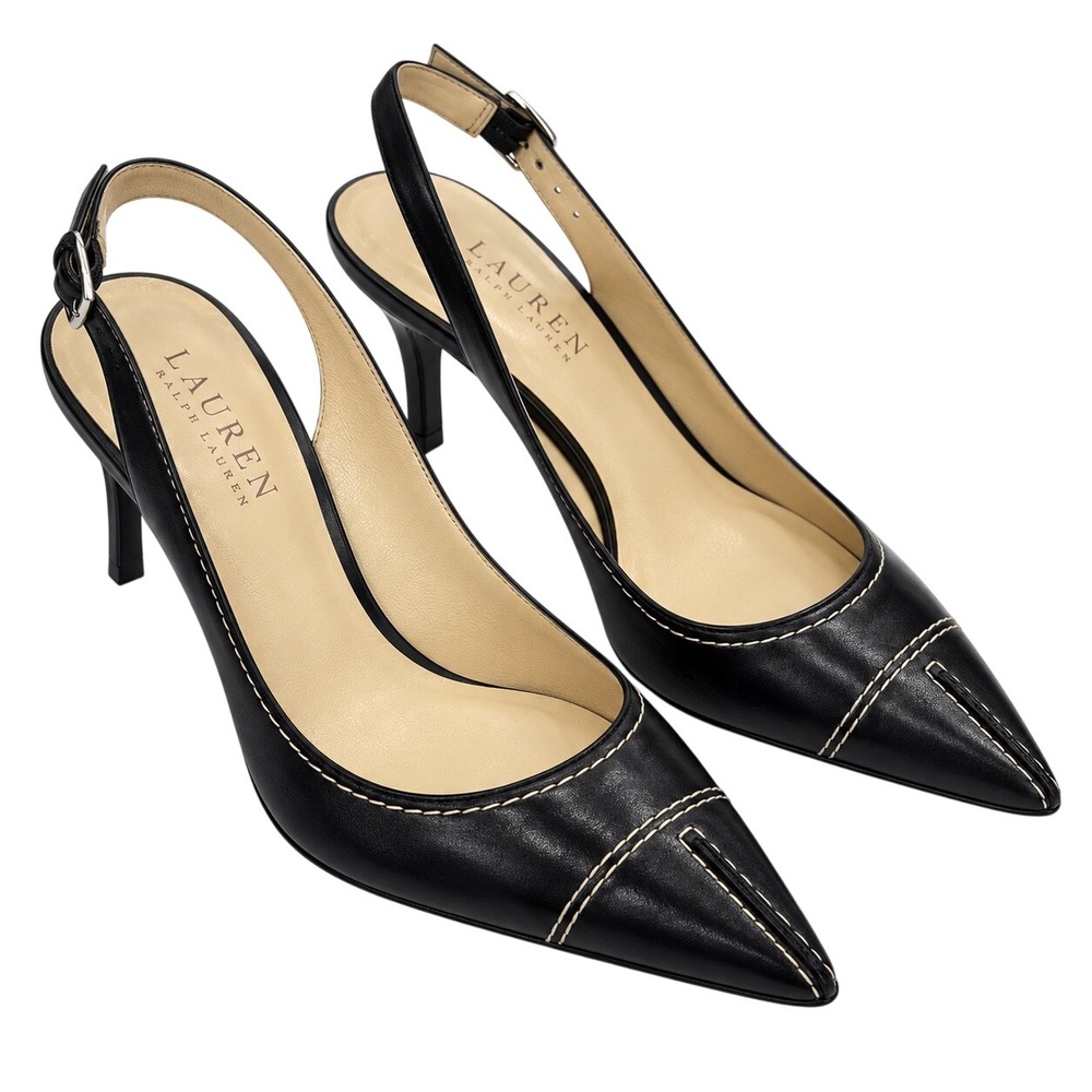 Lauren Ralph Lauren Black Leather Pointed Toe Slingback Heel 6.5 Contrast Stitch